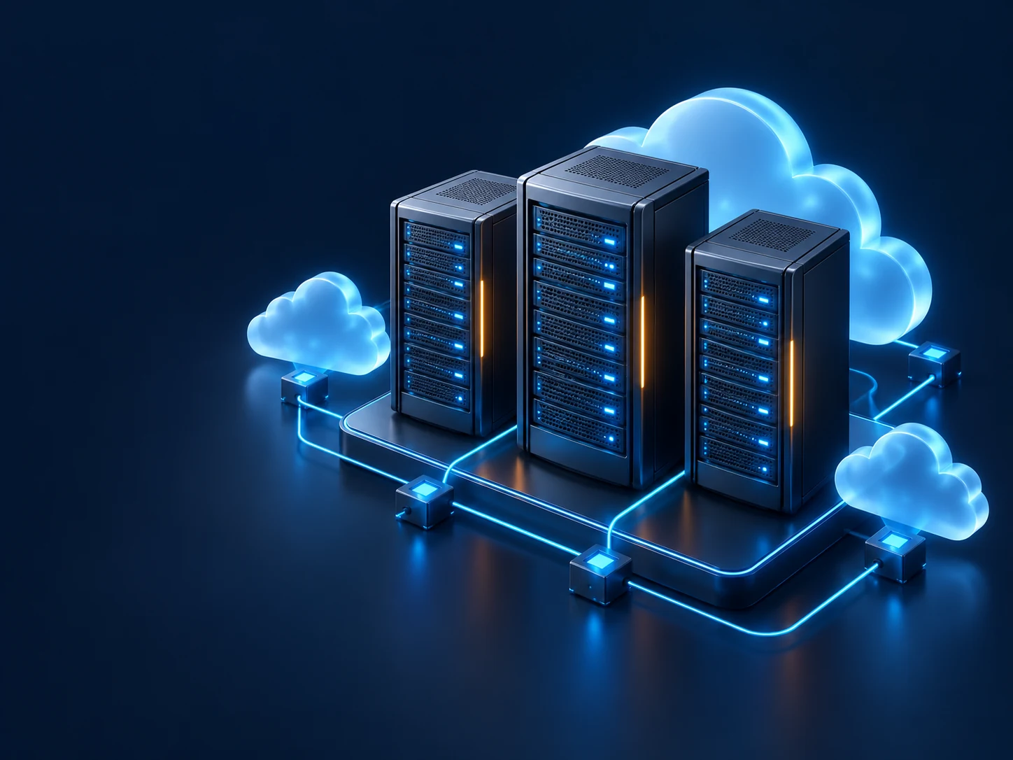 Illustration of cloud-connected hosting servers